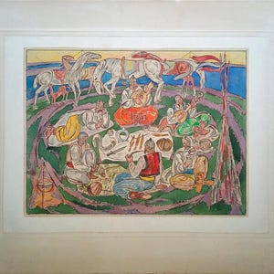 May include: A colorful illustration depicting a group of people gathered around a table, enjoying a meal.  The scene is set outdoors, with horses and flags in the background.  The people are dressed in traditional clothing, and the table is laden with food and drink.