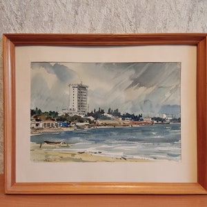 Original Watercolor Painting,Framed Seascape Vintage Landscape Artwork,Ukrainian artist,One of kind