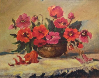 Stillife oil painting, Original Vintage Stillife Artwork,Flowers painting,Poppies Stillife