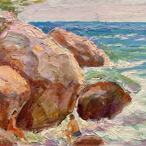 PAISAJE DE LA COSTA DE LA PLAYA Paisaje marino Pintura al óleo original vintage Escena de gente en el mar Artista soviético ucraniano Tarasenko L 1966 Arte marino de vacaciones