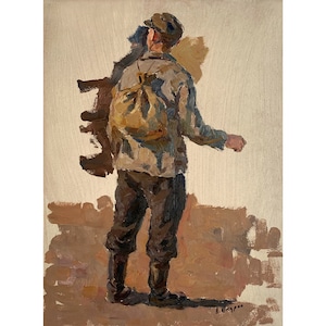 RETRATO MASCULINO ANTIGUO Figura de hombre ropa vieja pintura Niño vintage arte al óleo original único Artista soviético Shkurko Obra de arte impresionista de los años 50