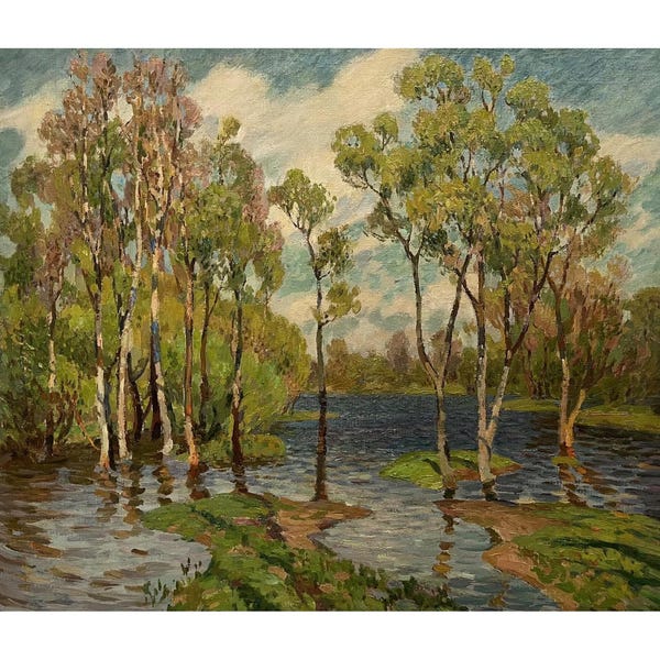 Original 1970s Ukrainian Oil Painting – Oleksiy Solodovnikov “Spring” – Lake Landscape, Fresh Green Trees, Blue Sky, 52 × 60.5 cm