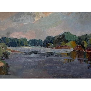 Pintura al óleo original ucraniana de la década de 1970: paisaje de río en una tarde de verano vintage, arte mural de mediados de siglo del artista ucraniano Hapochenko I.