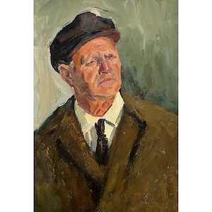 RETRATO MASCULINO VINTAGE Hombre con gorra - Pintura al óleo original antigua - Artista ucraniano soviético Volkova N. Arte impresionista único de los años 60