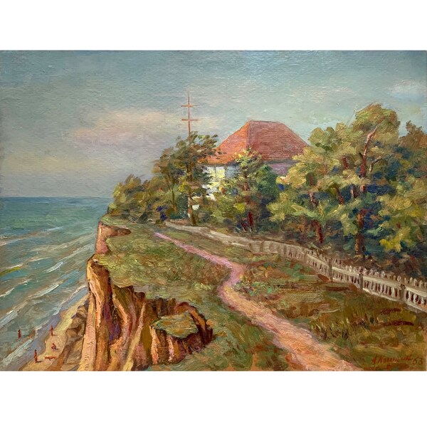 Vintage Oil Painting: Beach House Landscape, Artist Kashkin 1963, Impressionist Seascape Art