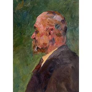 RETRATO DE HOMBRE ANTIGUO. Antiguo hombre calvo con bigote. Pintura original al óleo. Artista soviético ucraniano Shkurko 1964. Impresionista único.