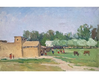 ウズベキスタンの村の絵画: ヴィンテージ印象派油絵、ベリャク、1977