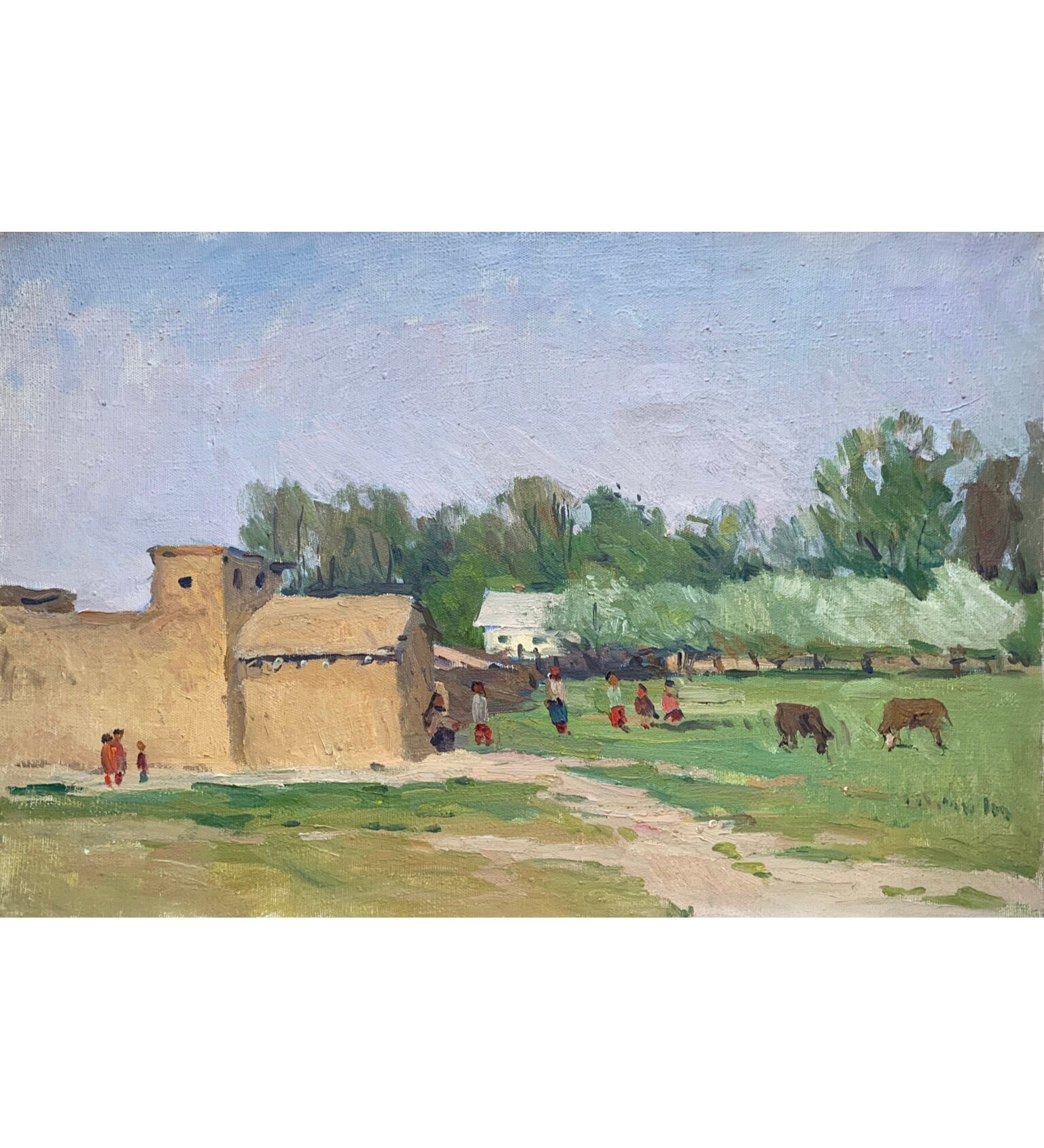 ウズベキスタンの村の絵画: ヴィンテージ印象派油絵、ベリャク、1977