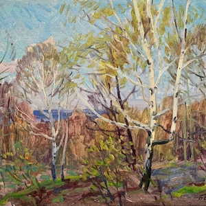PINTURA DE PRIMAVERA VINTAGE Abedules de río antiguos paisaje naturaleza arte óleo original árboles únicos obra de arte artista soviético ucraniano Borymchuk 1977