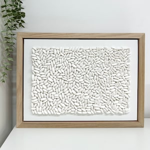 Pode incluir: Uma obra de arte de tela branca enquadrada com um design texturizado de pequenos ovais brancos dispostos em um padrão aleatório.
