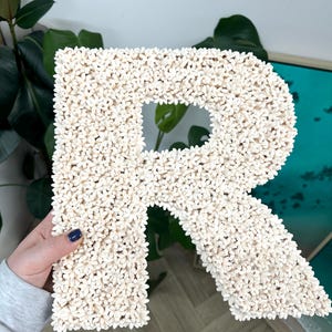 以下が含まれることがあります： 小さな白い花でできた大きな白い文字R。文字は手で持たれている。