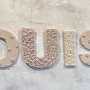 以下が含まれることがあります： ベージュと薄いピンクのネームプレートで、「LOUISE」という単語が立体的な文字で書かれています。文字は、小さな花のような質感のある素材で作られています。