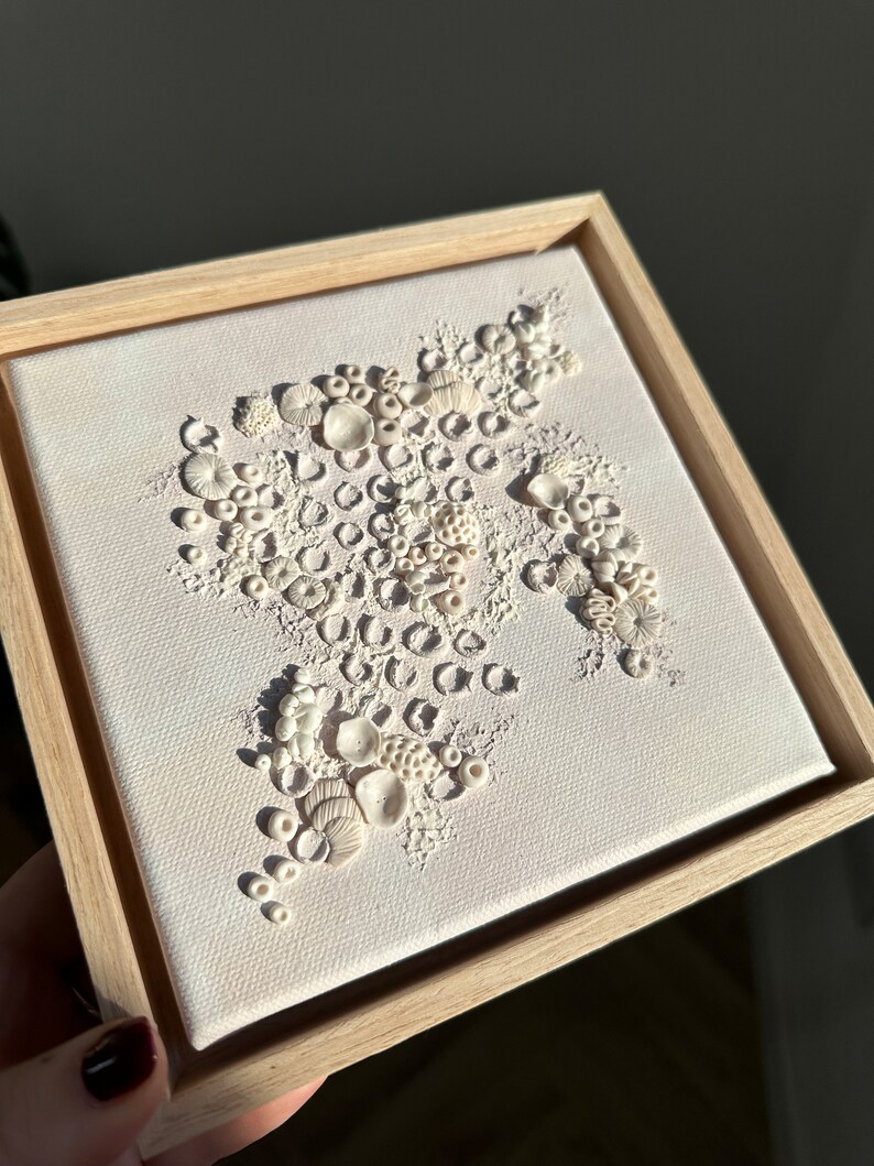 May include: A framed canvas with a white background and a 3D design of white coral shapes.