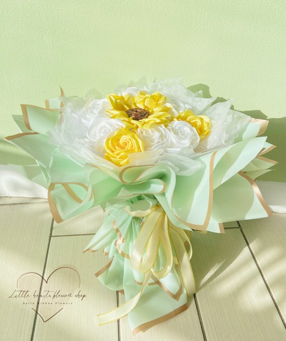 Sunflower and Roses Bouquet, Satin Ribbon Rose Bouquet, Happy Birthday  Bouquet, Ribbon Rose Arrangement, Artificial Flower 