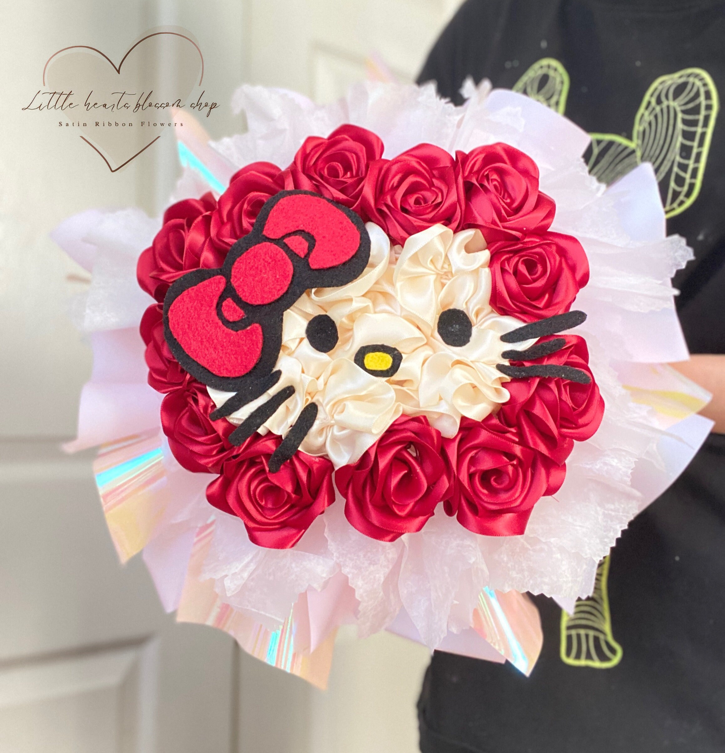 Hello Kitty Satin Ribbon Bouquet With Hologram Wrapping Paper, Never Fade  Bouquet , Ribbon Rose Arrangement, Character Bouquet 