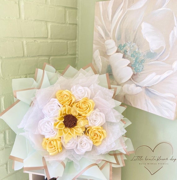 Sunflower and Roses Bouquet, Satin Ribbon Rose Bouquet, Happy Birthday  Bouquet, Ribbon Rose Arrangement, Artificial Flower 