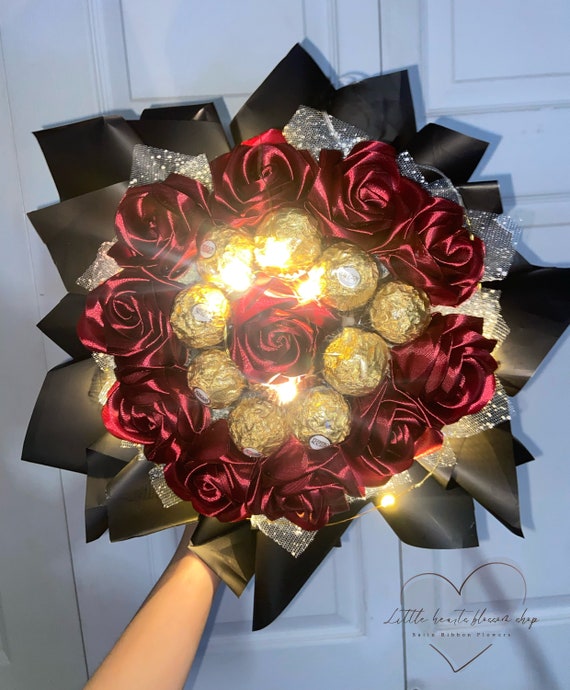 Chocolate Ferrero Rocher Bouquet, Satin Ribbon Rose Bouquet, Happy Birthday  Bouquet, Ribbon Rose Arrangement, Artificial Flower 