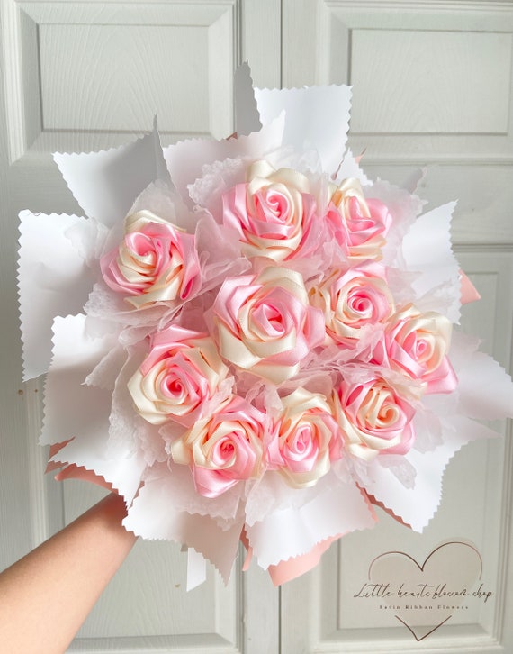 Roses Bouquet, Satin Ribbon Rose Bouquet, Happy Birthday Bouquet, Ribbon  Rose Arrangement, Artificial Flower 