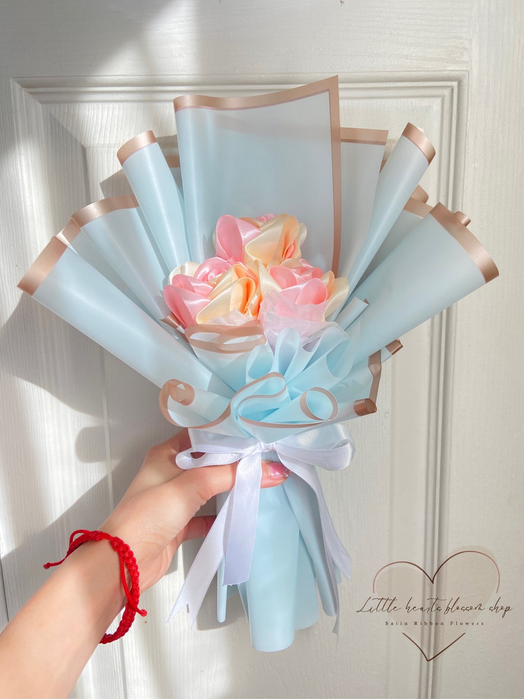 Mini Satin Ribbon Bouquet, Never Fade Bouquet, Single Bouquet, Bouquet With  LED Light and Bag, Ribbon Rose Arrangement, Artificial Flower 