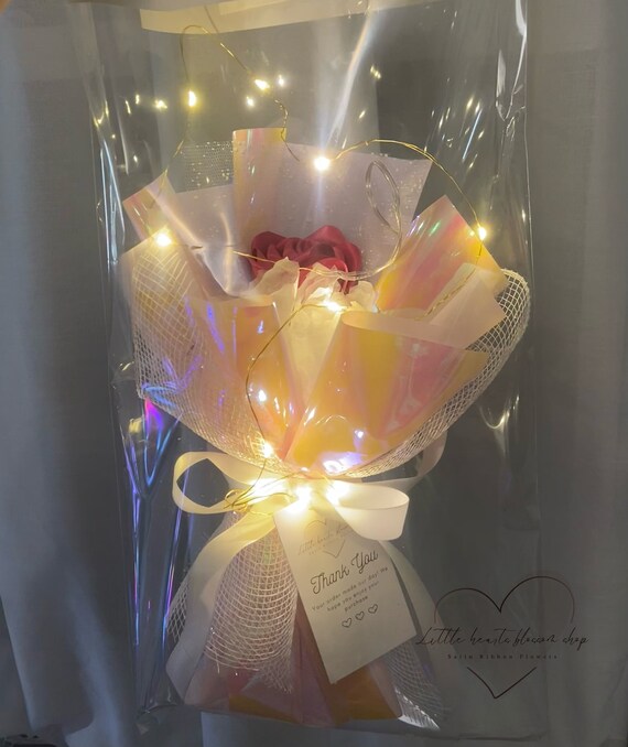Mini Satin Ribbon Bouquet, Never Fade Bouquet, Single Bouquet, Bouquet With  LED Light and Bag, Ribbon Rose Arrangement, Artificial Flower 