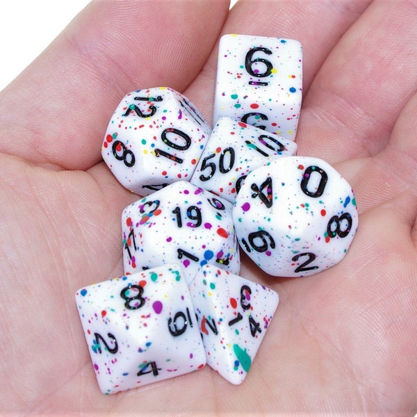 D&D DnD Dice Unicorn Paint Splattered Polyhedral Multi Coloured Confetti Splatter Dice Dungeons and Dragons 5th Edition Gifts for Geeks