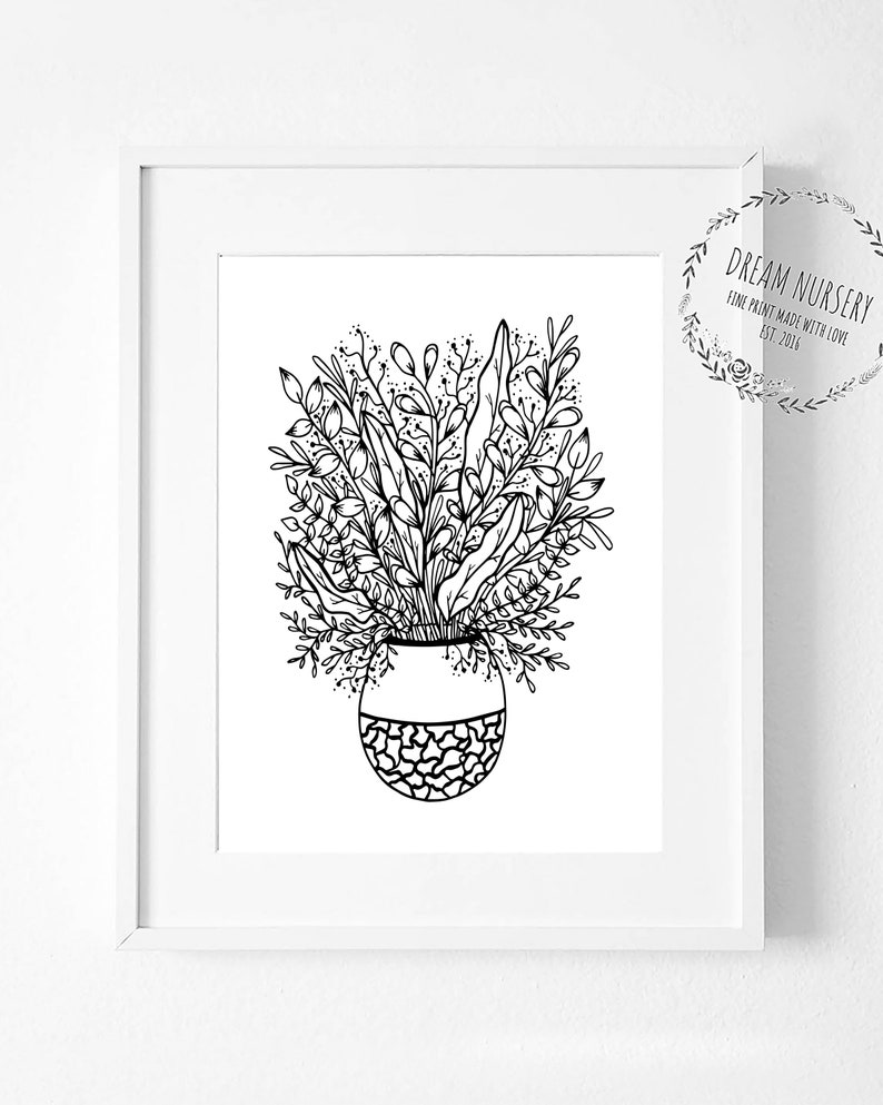 Flower Pot Black White Leaf Print Kids Art Print Flower Pot | Etsy