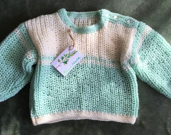 Hand Knitted Handmade 12 Months 18” Chest Children’s Baby Jumper Sweater Mint Green & Cream Christmas Winter Warmth Gift