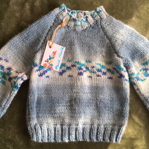 Hand Knitted Handmade 3 Months 16” Chest Children’s Baby Jumper Sweater Blue With Mixed Blue Pattern Christmas Winter Warmth Gift