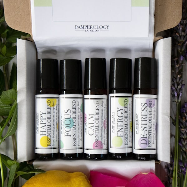 x5 Aromatherapy Roller Gift Set | Essential Oil Set | Wellbeing Pamper Gift | Self Care Kit | Birthday Gift Box | Thank You Gift