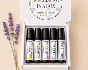 Aromatherapy Essential Oil Roller Gift Box: Natural Vegan Wellbeing Self Care Gift