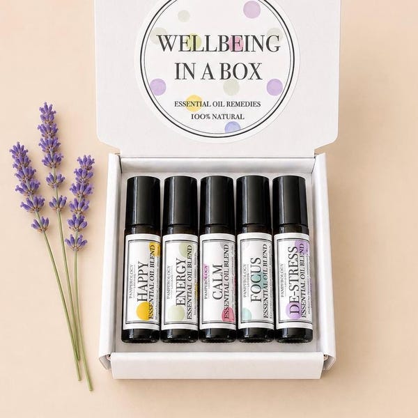 Aromatherapy Essential Oil Roller Gift Box: Natural Vegan Wellbeing Self Care Gift