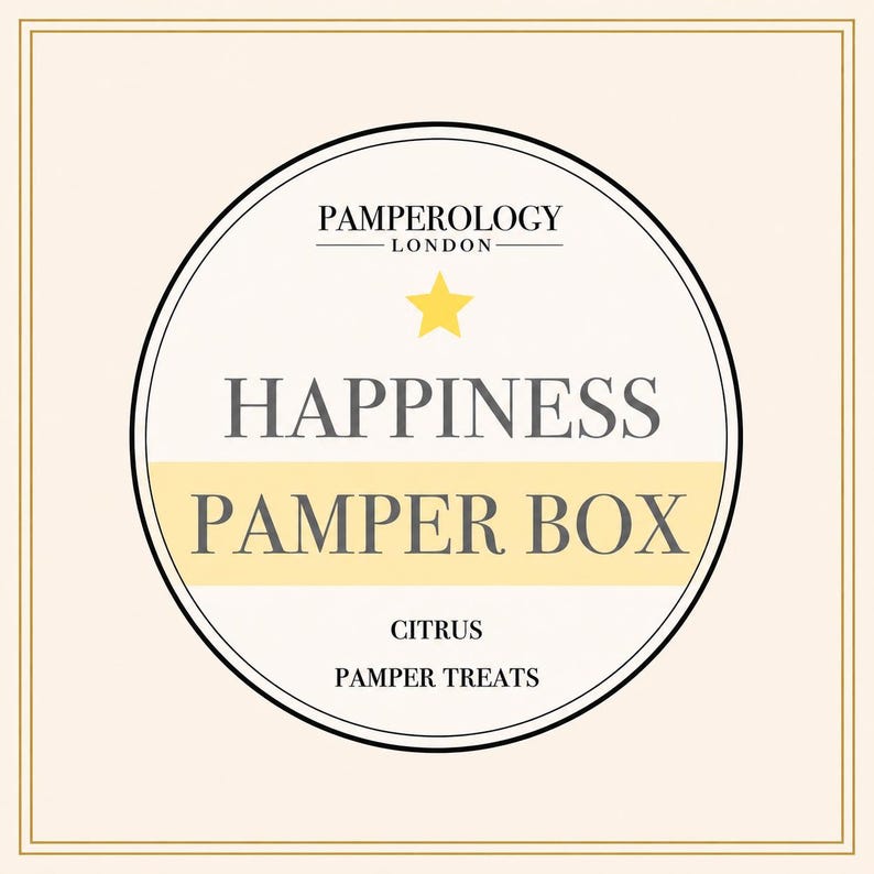 May include: A square cream-colored label with a thin gold border featuring a central circle. Inside the circle, the text reads PAMPEROLOGY LONDON, HAPPINESS PAMPER BOX, CITRUS, and PAMPER TREATS in black and gray, accented by a yellow star icon.