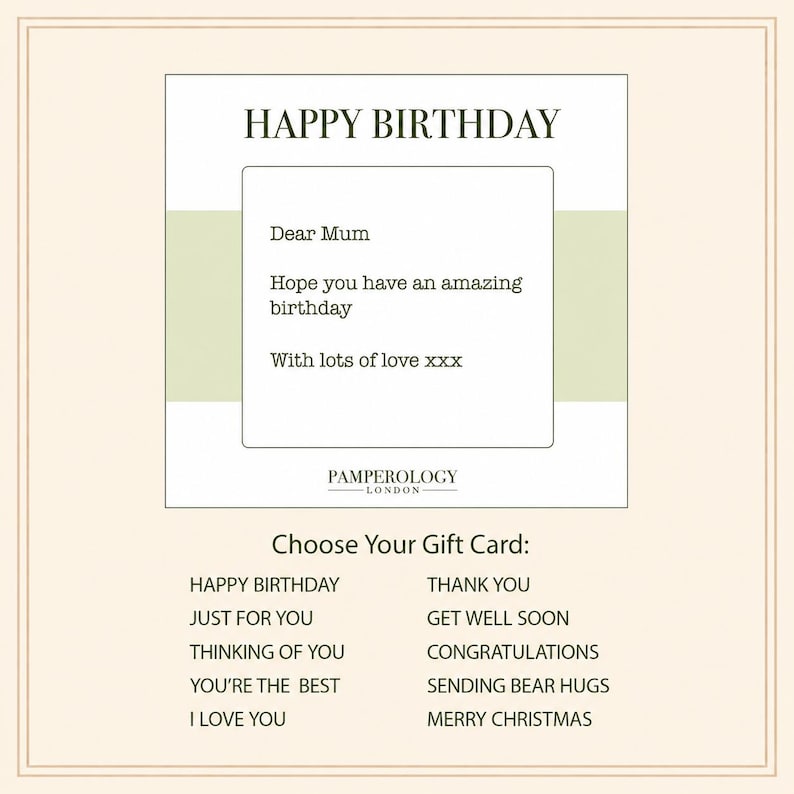 K&ouml;nnte beinhalten: Eine quadratische Geschenkkartenvorlage mit wei&szlig;em Hintergrund und einem hellgr&uuml;nen horizontalen Streifen. Der Text lautet HAPPY BIRTHDAY, Dear Mum, Hope you have an amazing birthday, With lots of love xxx, PAMPEROLOGY LONDON und Choose Your Gift Card.