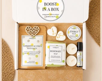 Peppermint & Rosemary Pamper Box, Pick Me Up Gift with Soy Tealights, Self Care Kit