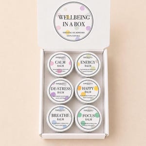 May include: A white gift box containing six round metal tins of balm, each with a label featuring pastel polka dots and text including Calm, Energy, De-Stress, Happy, Breathe, and Focus. The box lid features a circular logo reading Wellbeing in a Box.
