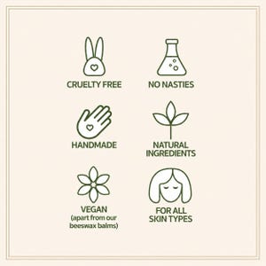 May include: A square graphic with six dark green line-art icons and text labels: a rabbit for CRUELTY FREE, a flask for NO NASTIES, a hand for HANDMADE, a plant for NATURAL INGREDIENTS, a flower for VEGAN (apart from our beeswax balms), and a face for FOR ALL SKIN TYPES.