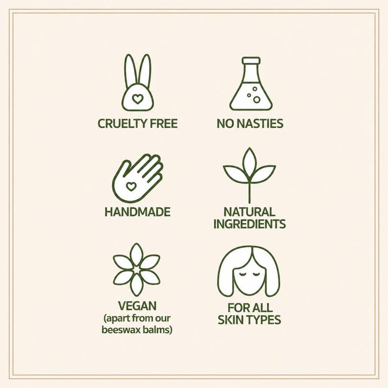May include: A square graphic with six dark green line-art icons and text labels: a rabbit for CRUELTY FREE, a flask for NO NASTIES, a hand for HANDMADE, a plant for NATURAL INGREDIENTS, a flower for VEGAN (apart from our beeswax balms), and a face for FOR ALL SKIN TYPES.