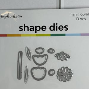 May include: A package of mini flower shape dies. The package has the text "shape dies" and "mini flowers 10 pcs". The dies are silver and include various flower and leaf shapes. The package is white with a rainbow stripe.