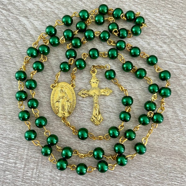 Handcrafted Catholic Prayer Rosary. Emerald Green and gold Rosary. Green faux pearls with gold crucifix and Virgin Mary center.