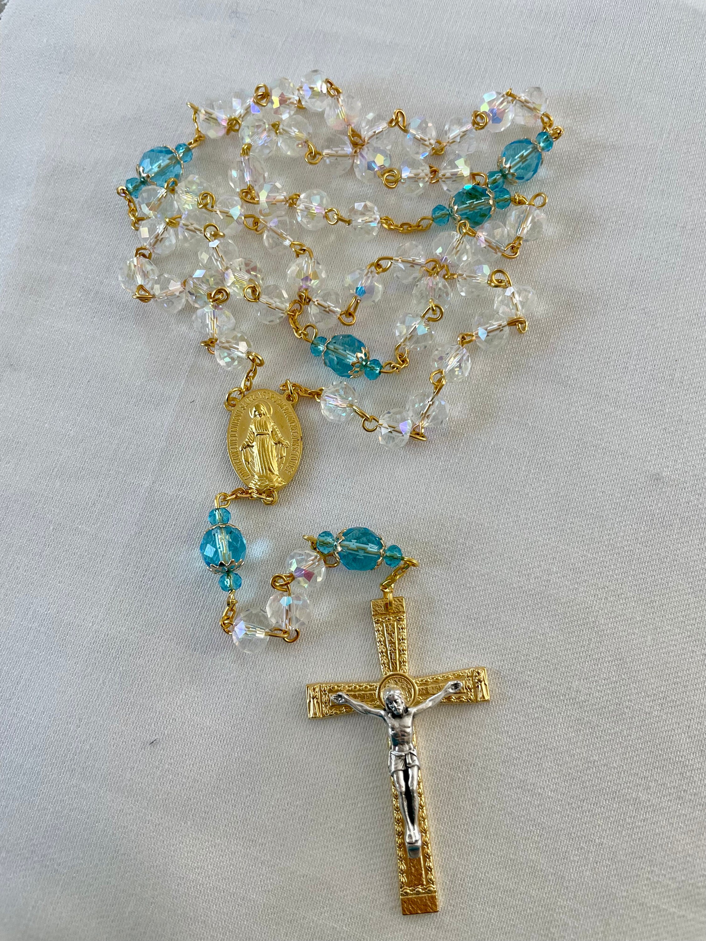 Blue Catholic Pattern Bridal Gold and Blue Catholic Prayer Rosary. Clear Crystals Blue Glass ...
