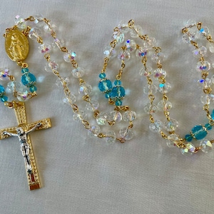 Bridal Rosary, Gold and Blue Czech Glass Beads, Catholic Prayer