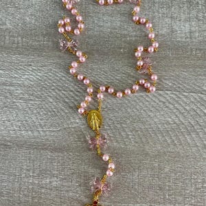 Pink Ribbon Rosary with Pink Pearl Beads Handmade Catholic Prayer Beads with Gold Accents, Breast Cancer Awareness Rosary, Coquette, Girl