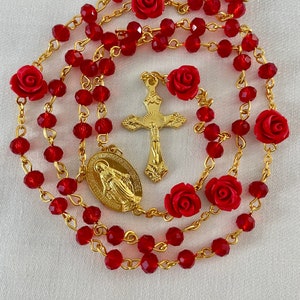 Handcrafted Catholic Prayer Rosary. Red crystals, Red rose beads & gold. Beautiful Christmas gift! Red rose, floral, flower rosary, garden