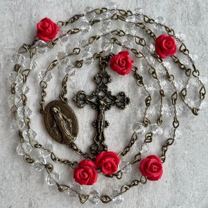 Handcrafted Catholic prayer rosary. Red rose and crystal beads with antique bronze cross and medallion. Spanish, Italian, pirate