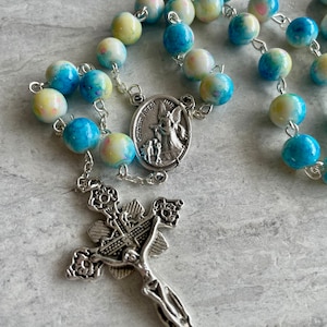 Handcrafted Catholic Prayer blue marbled glass beads Rosary with silver crucifix and St. Michael medallion. Cotton candy rosary, galaxy,