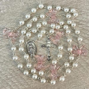 Handmade Pearl & Pink Ribbon Bead Catholic Rosary, Coquette Rosary,  Gift for Baptism, First Communion, or Wedding, Girls Rosary, Pretty