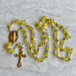 Handcrafted yellow crystals and gold Catholic prayer rosary