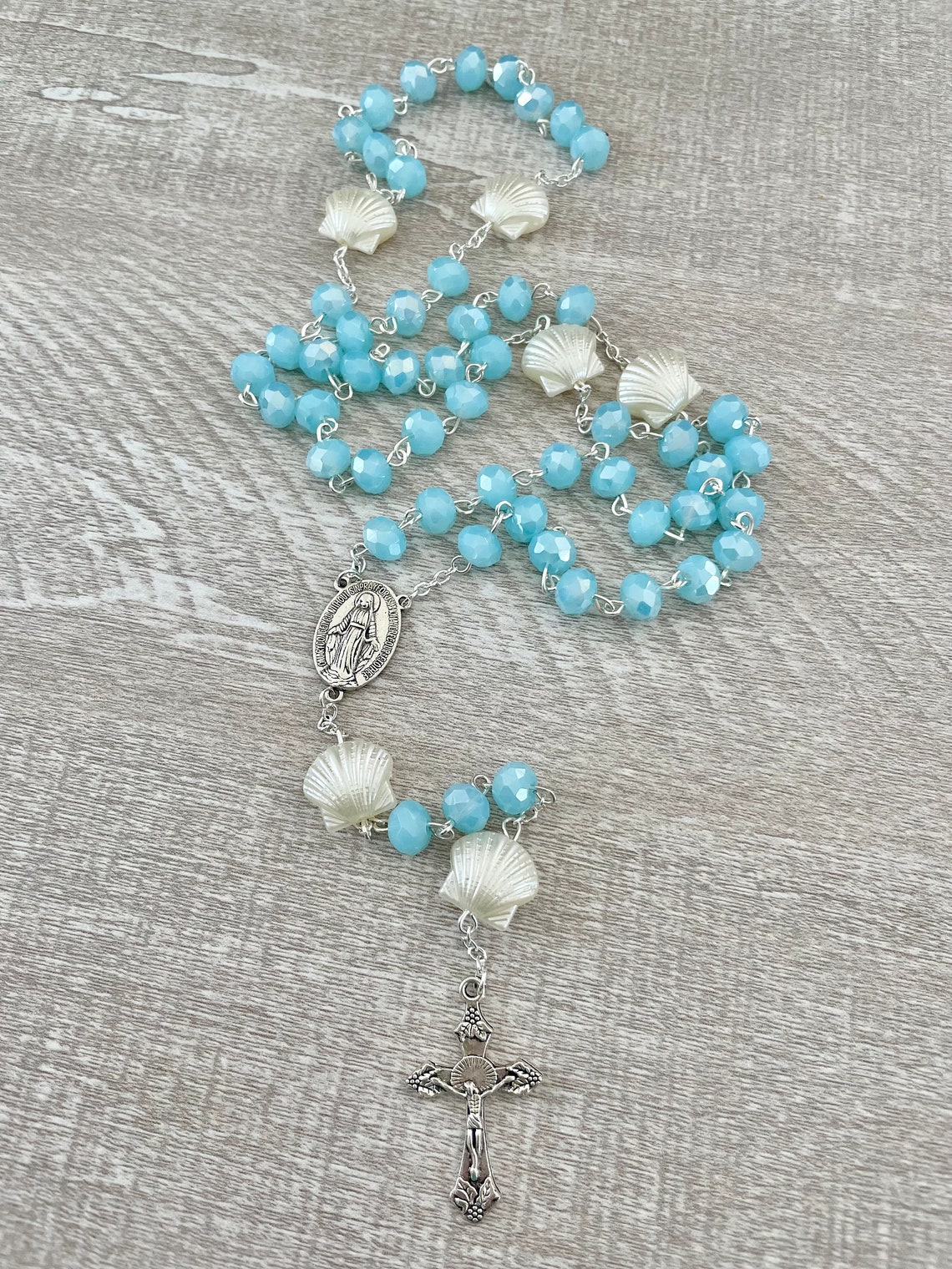 Catholic Rosary, Under the Sea, Seashell, Blue Iridescent Beads, Silver ...