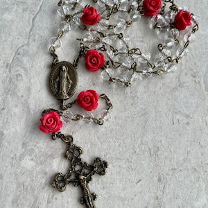 Handcrafted Catholic prayer rosary. Red rose and crystal beads with antique bronze cross and medallion. Spanish, Italian, pirate