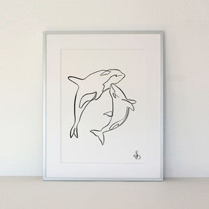 Single line drawing, Killer Whales, minimal print design for home decor